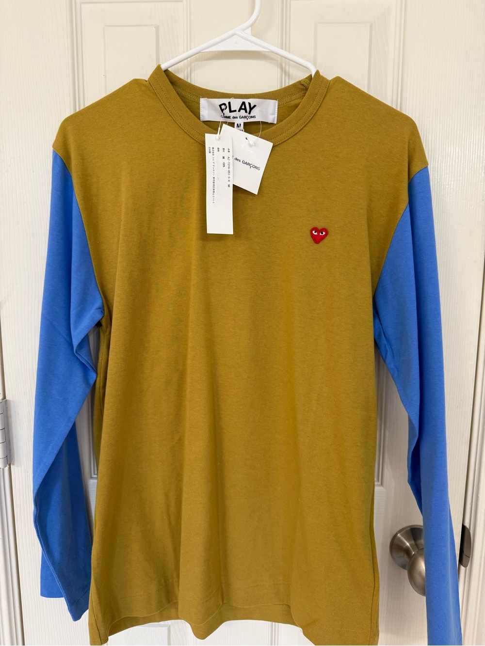 Comme des Garçons PLAY Olive Body Long-Sleeve Tee with Blue Sleeves